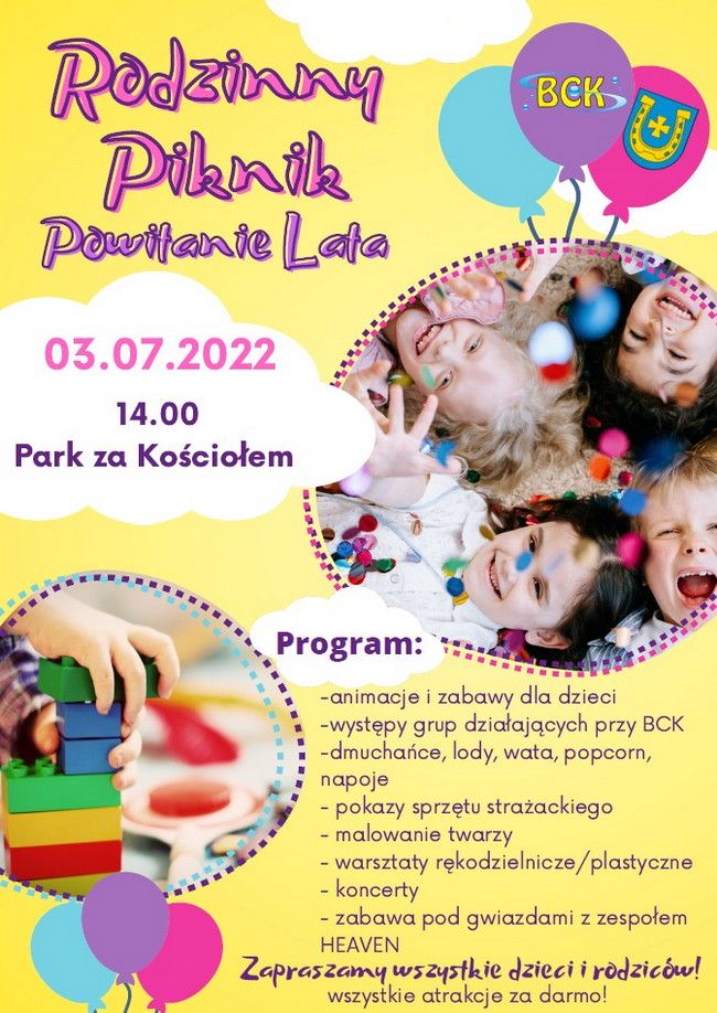 Zaproszenie na RODZINNY PIKNIK Powitanie Lata – 3 lipca 2022 w parku za kościołem w Bychawie