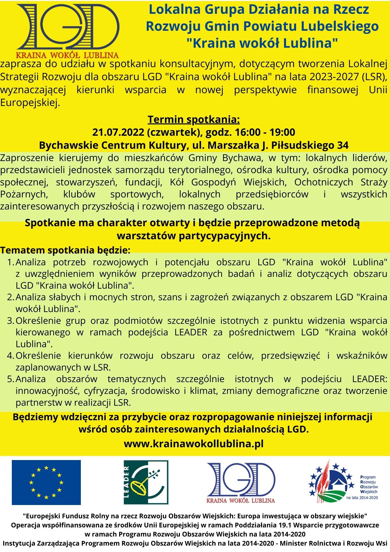 Zaproszenie na  spotkanie konsultacyjne, dotyczące tworzenia Lokalnej Strategii Rozwoju dla obszaru LGD „Kraina wokół Lublina” na lata 2023-2027 (LSR), wyznaczającej kierunki wsparcia w nowej perspektywie finansowej Unii Europejskiej