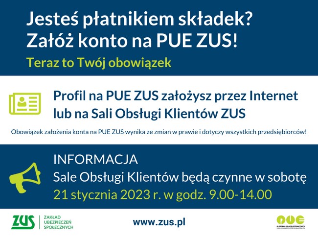 Każdy płatnik składek do 30 grudnia 2022 r. powinien posiadać profil na Platformie Usług<br>Elektronicznych (PUE) ZUS