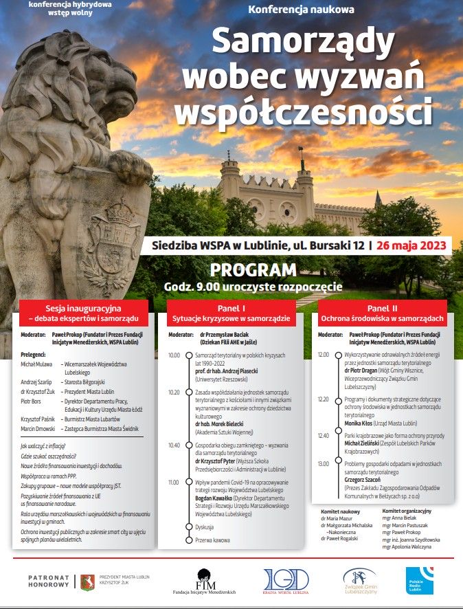 Program konferencji Samorządy wobec wyzwań współczesności, która odbędzie się 26 maja w siedzibie Wyższej Szkoły Przedsiębiorczości i Administracji w Lublinie